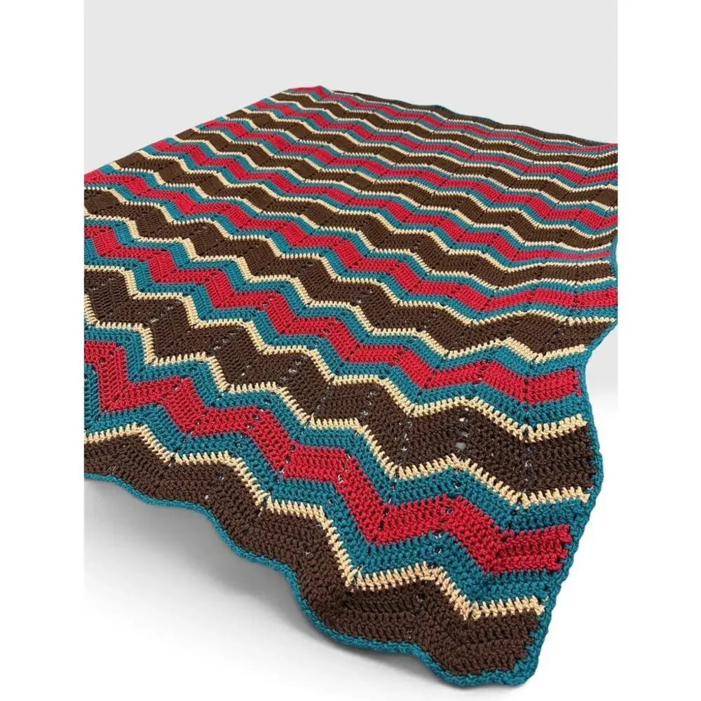 Handmade Crochet Vibrant Autumn Afghan Blanket Brown Teal Red Oversized 78 x 60